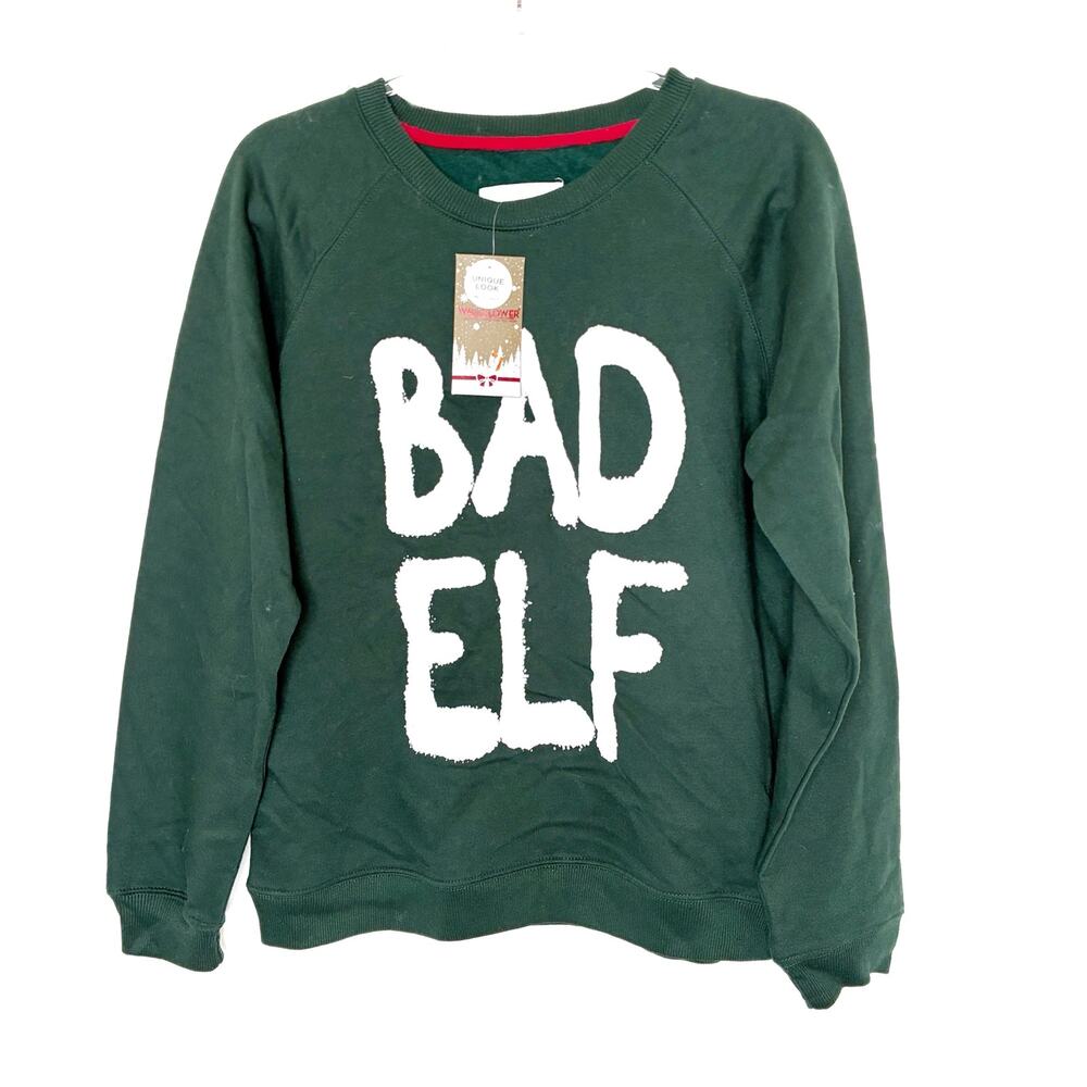 Wallflower Green Christmas Sweatshirt Bad Elf Pullover Gift NWT Juniors XS
